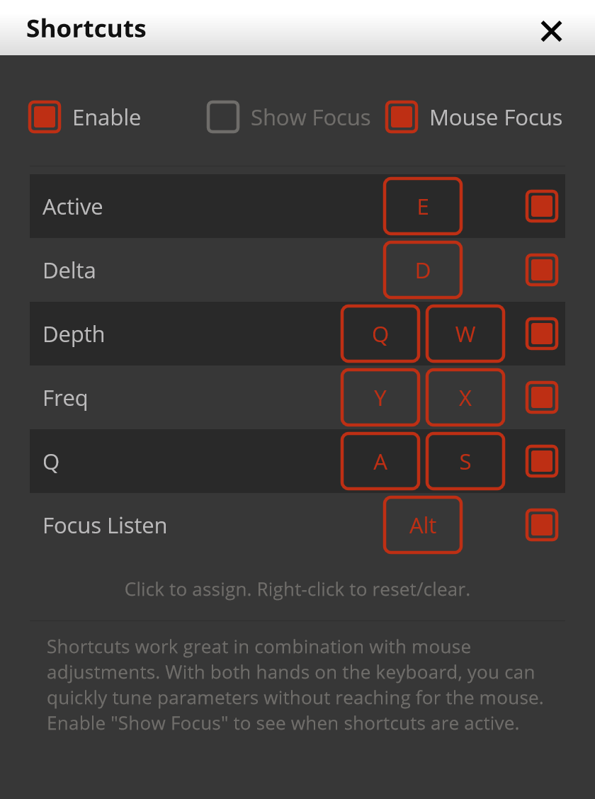 Shortcuts dialog